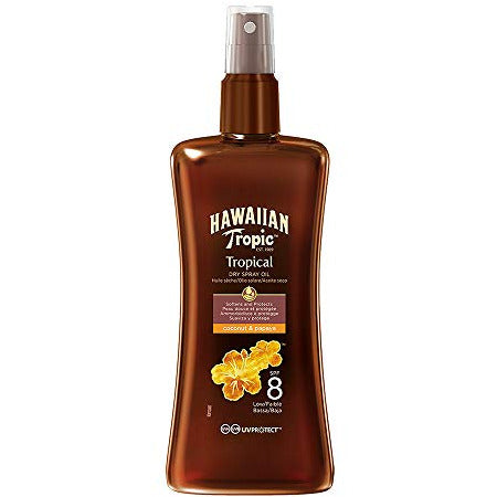 Hawaiian Tropic Protective Oil Dry Spray Oil bottle with tropical design, showcasing its lightweight and moisturizing formula.