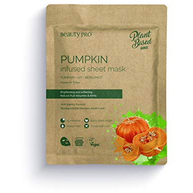 Beauty Pro Pumpkin Infused Sheet Mask displayed on a white background, showcasing its vibrant packaging and texture.