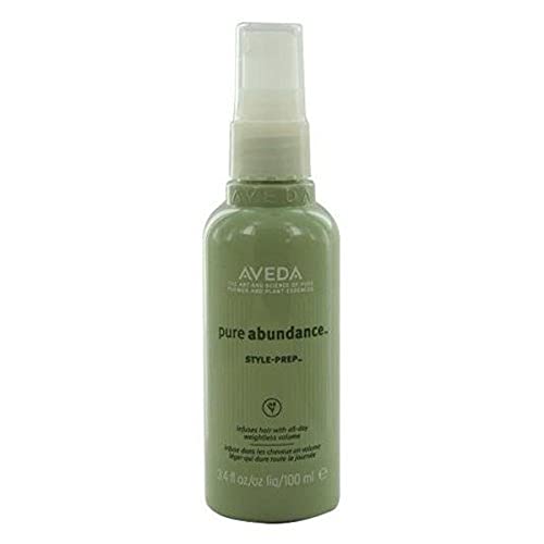 Aveda Pure Abundance Style Prep spray bottle with a sleek design, showcasing its natural ingredients and lightweight formula for hair volume.