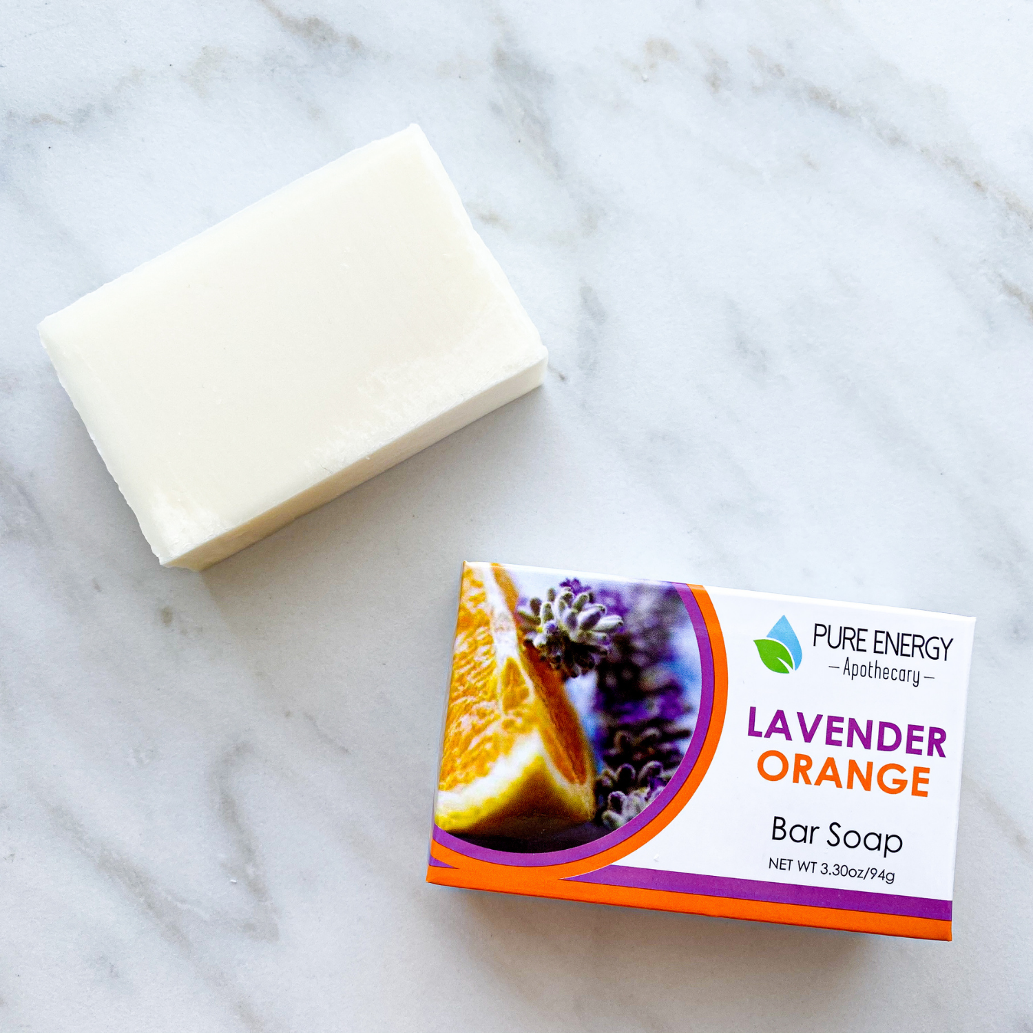 Lavender Orange Pure Soap bar with a blend of lavender and sweet orange essential oils, showcasing its natural ingredients and handcrafted quality.