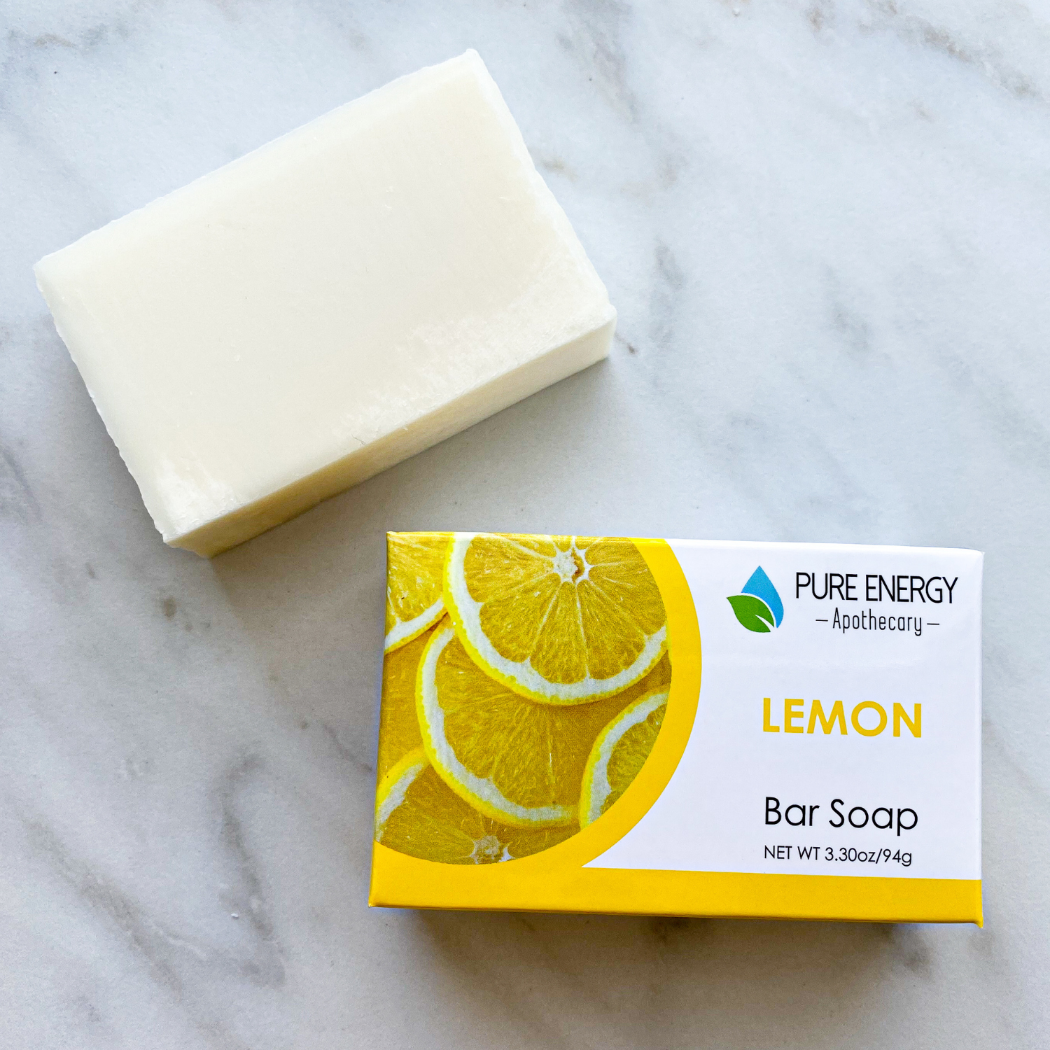 A bar of Pure Soap (Lemon) showcasing its vibrant yellow color and natural texture, emphasizing its plant-based ingredients.