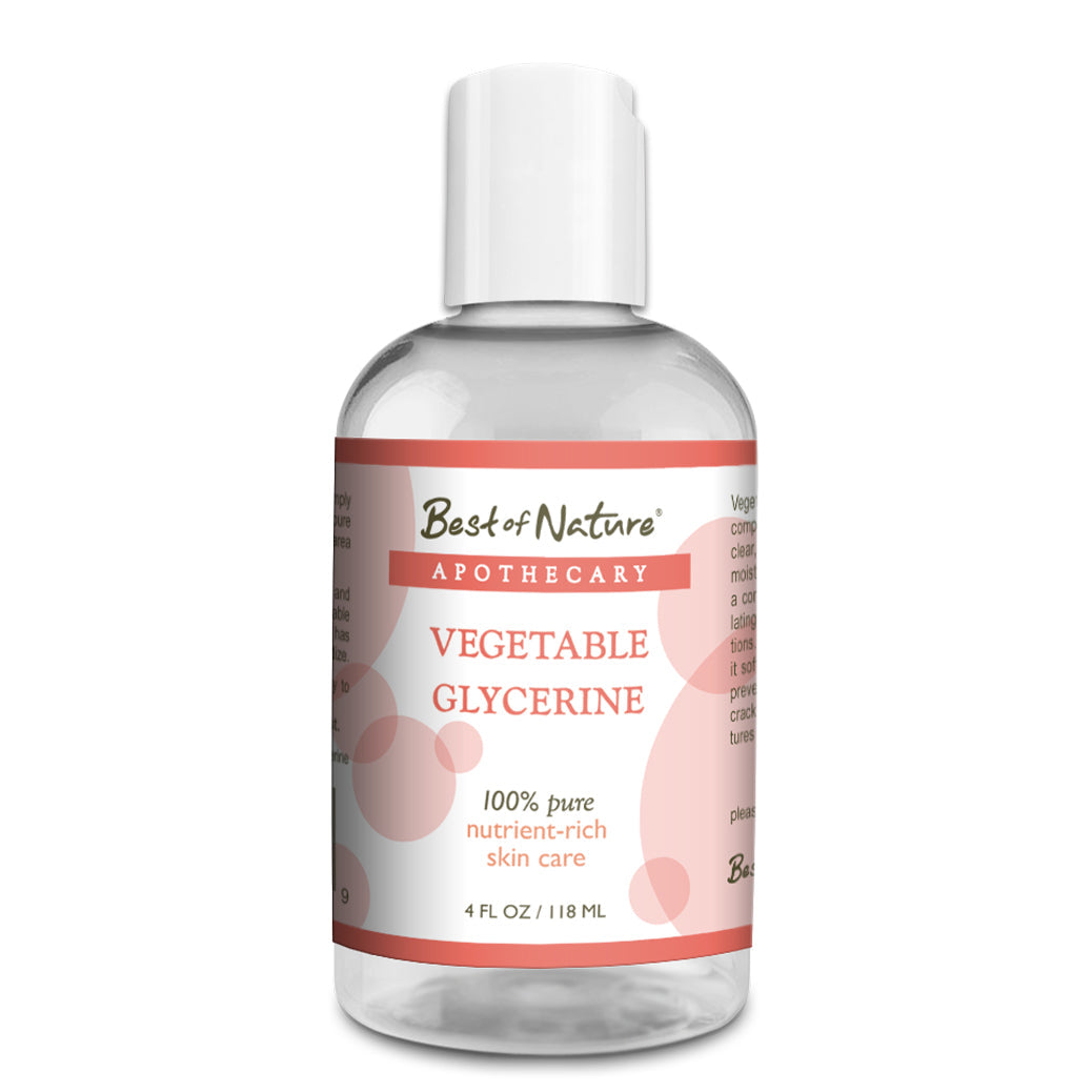 A 4 oz bottle of Pure USP Vegetable Glycerine, a clear and odorless liquid known for its moisturizing properties.