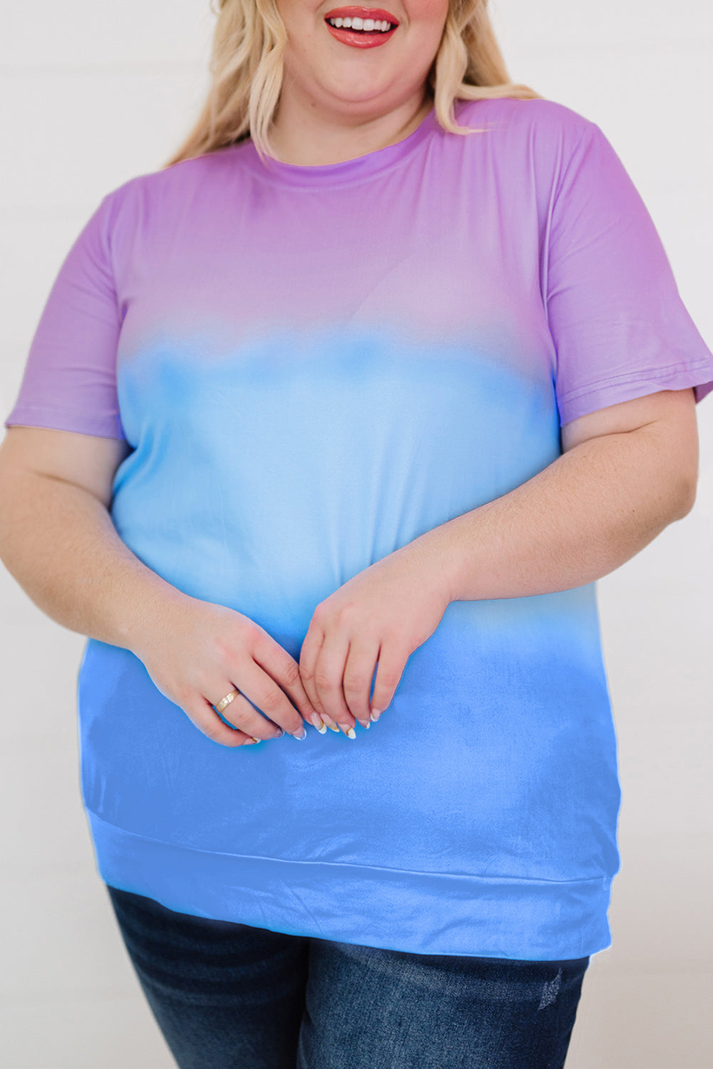 Purple Crew Neck Tie-dye Colorblock Plus Size Tee displayed on a mannequin, showcasing its vibrant colors and stylish design.