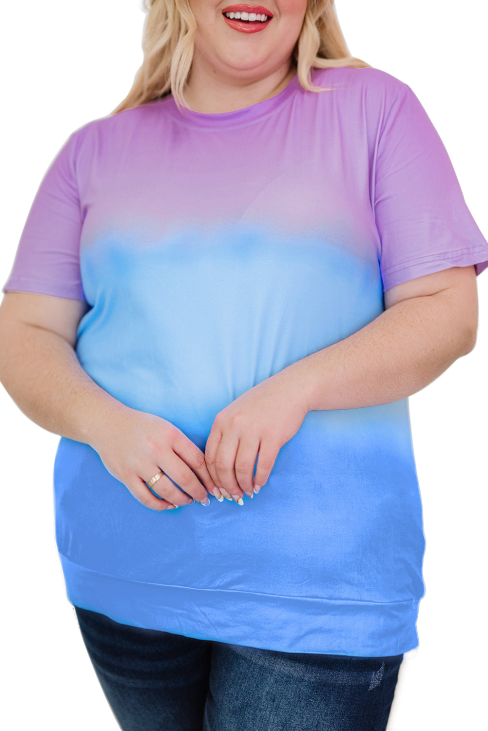 Purple Crew Neck Tie-dye Colorblock Plus Size Tee displayed on a mannequin, showcasing its vibrant colors and stylish design.