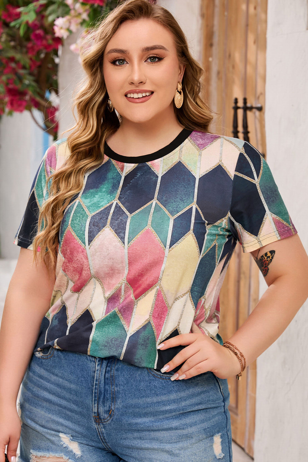 Purple Crew Neck Tie-dye Colorblock Plus Size Tee displayed on a mannequin, showcasing its vibrant colors and stylish design.