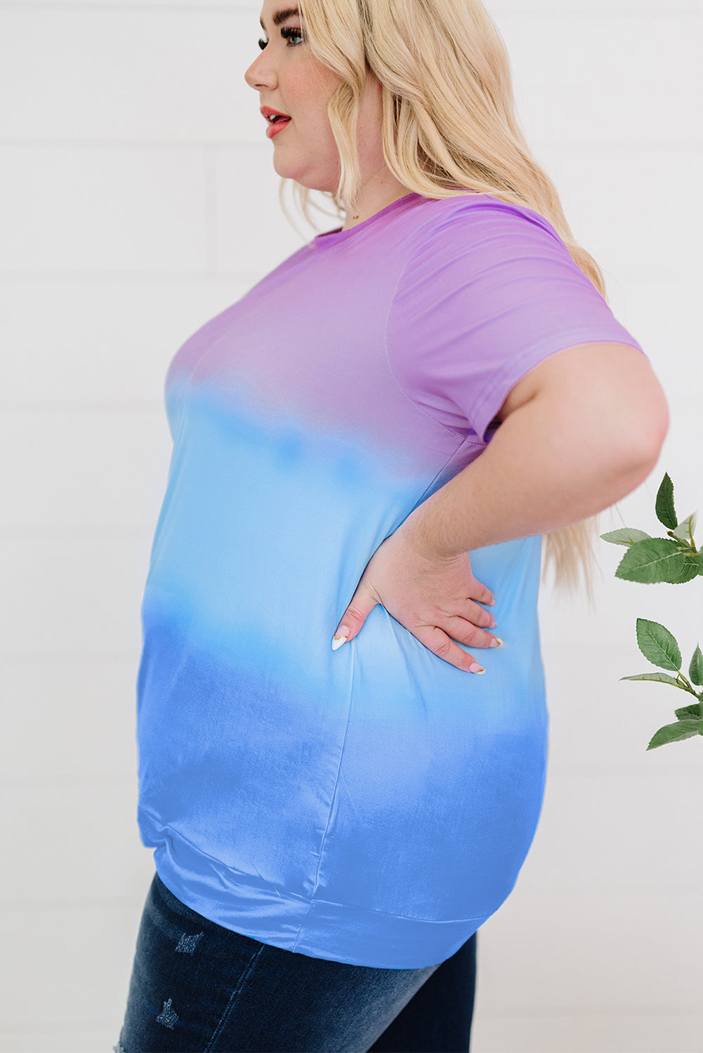 Purple Crew Neck Tie-dye Colorblock Plus Size Tee displayed on a mannequin, showcasing its vibrant colors and stylish design.