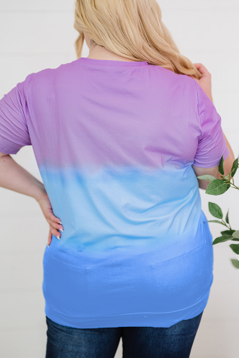 Purple Crew Neck Tie-dye Colorblock Plus Size Tee displayed on a mannequin, showcasing its vibrant colors and stylish design.