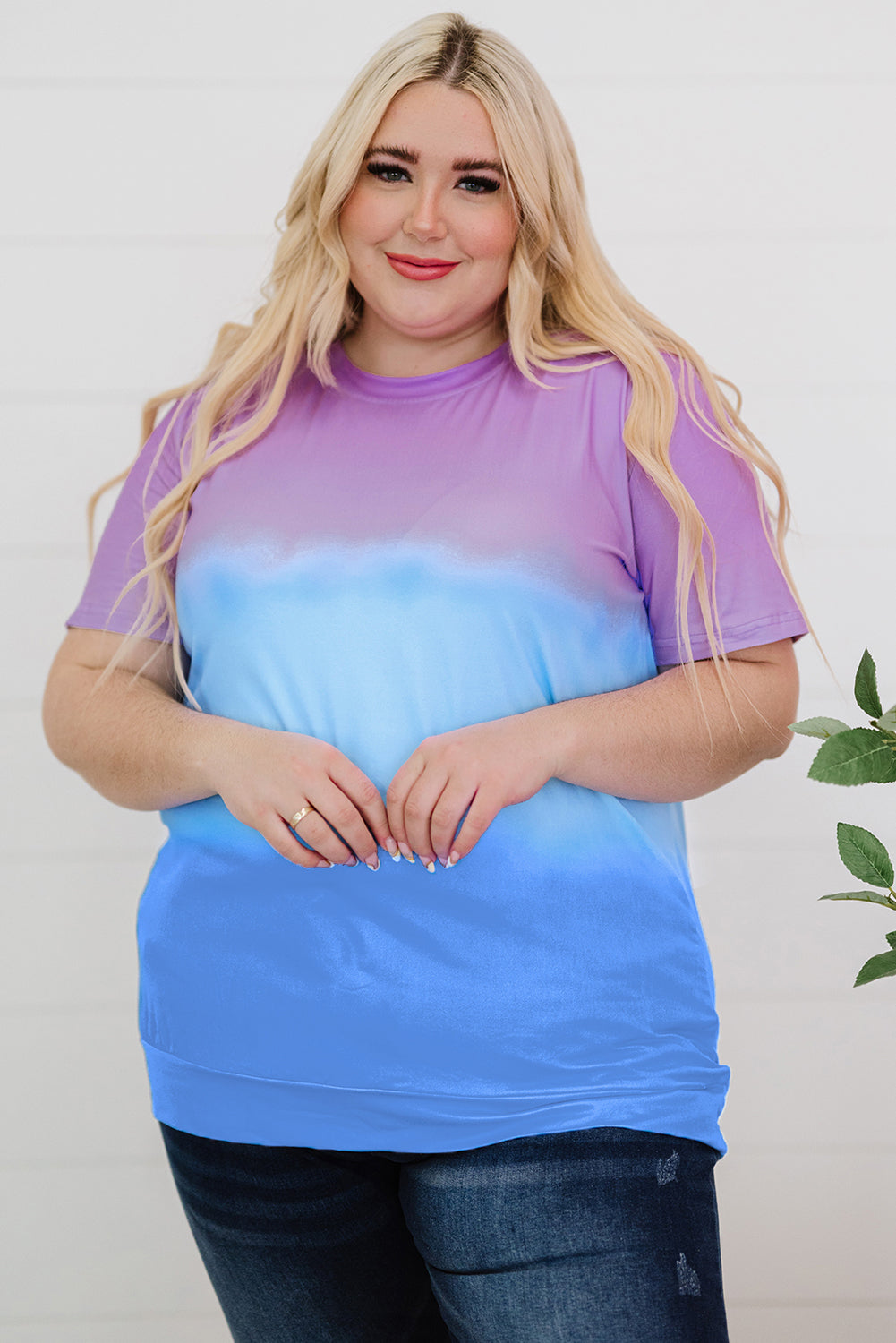 Purple Crew Neck Tie-dye Colorblock Plus Size Tee displayed on a mannequin, showcasing its vibrant colors and stylish design.