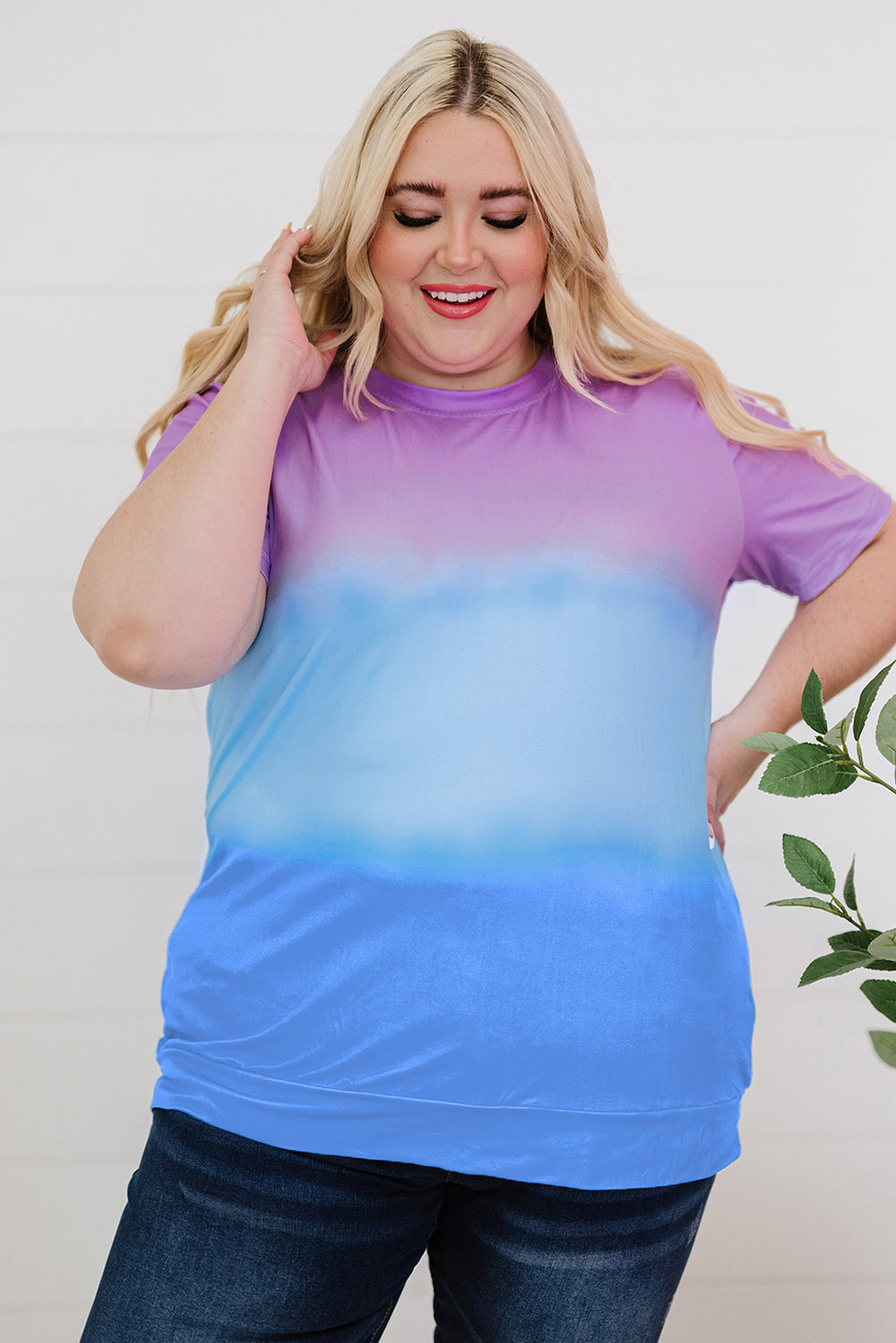 Purple Crew Neck Tie-dye Colorblock Plus Size Tee displayed on a mannequin, showcasing its vibrant colors and stylish design.