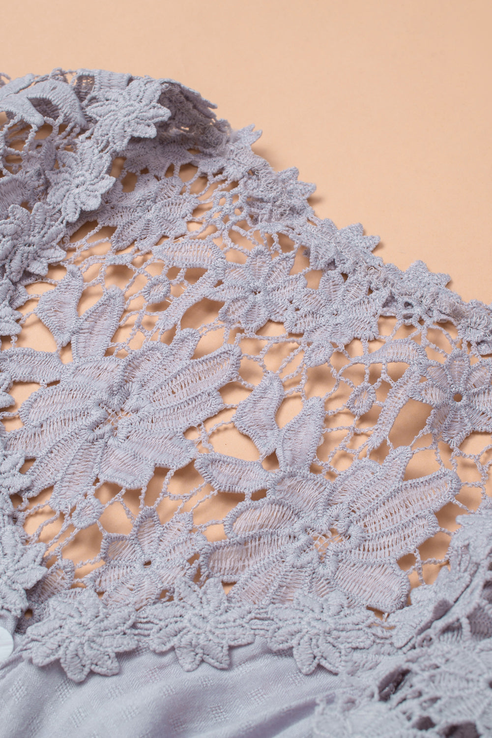 A stylish Purple Crochet Lace Button Top featuring intricate lace detailing, a v-neckline, and ¾ bell sleeves, perfect for various occasions.