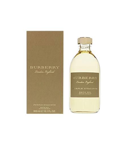 Bottle of Burberry Purple Hyacinth Bath Oil with floral design, showcasing its luxurious essence.