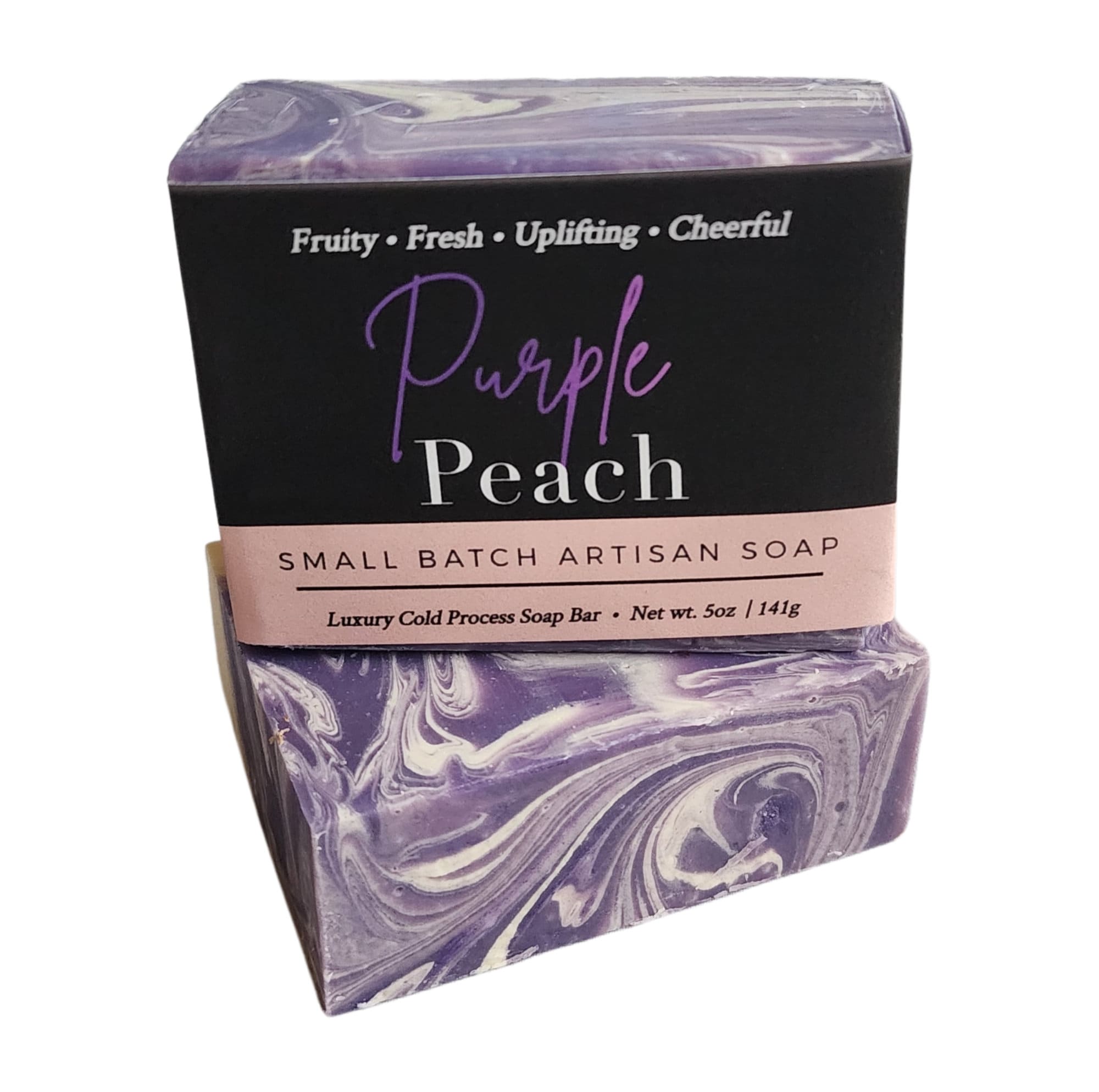 Purple Peach Soap bar with a creamy texture and vibrant colors, inspired by the rare Indian Blood Cling peach.