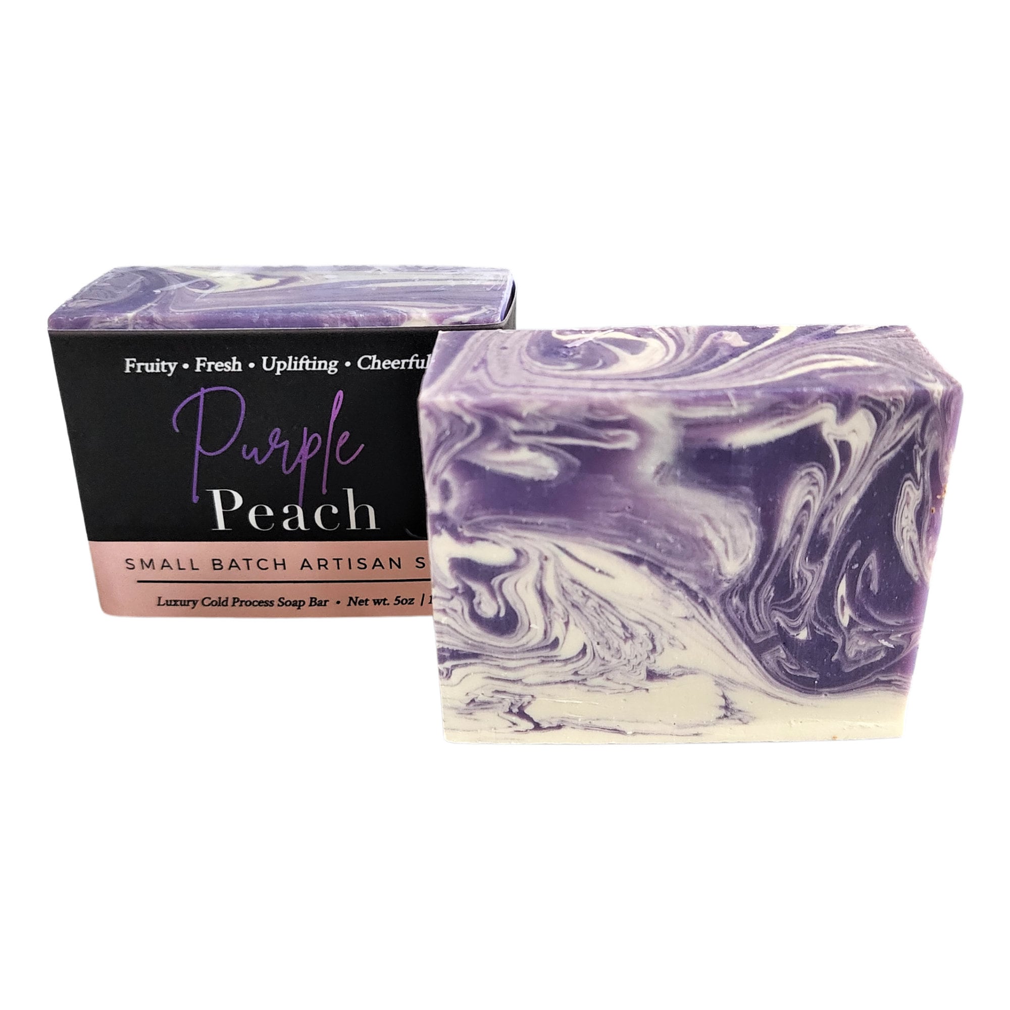 Purple Peach Soap bar with a creamy texture and vibrant colors, inspired by the rare Indian Blood Cling peach.