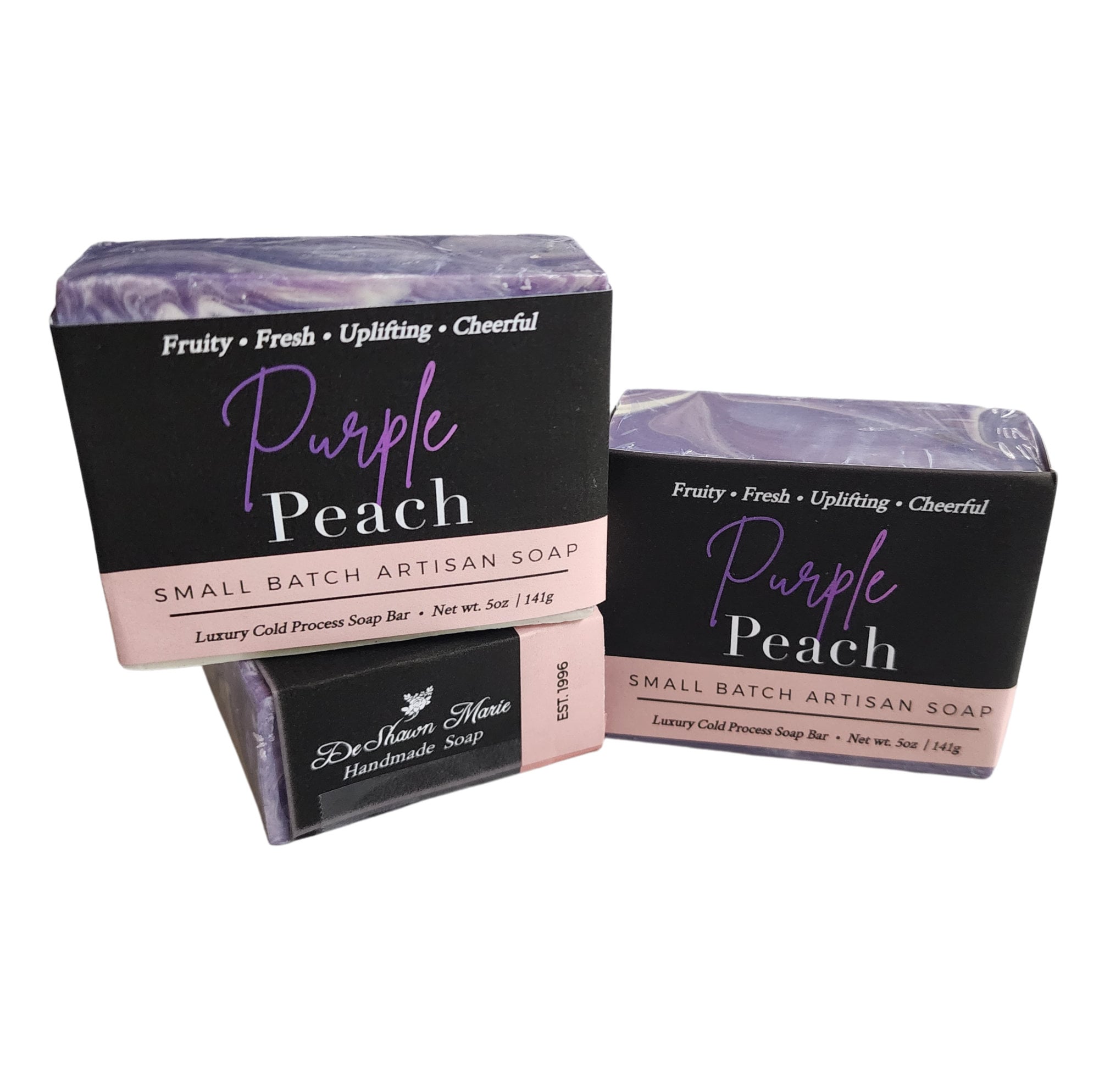 Purple Peach Soap bar with a creamy texture and vibrant colors, inspired by the rare Indian Blood Cling peach.