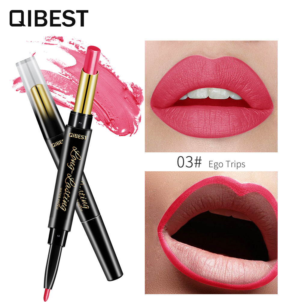 QIBEST Double-Ended Lipstick Pen showcasing vibrant colors and a sleek design, perfect for moisturizing matte lips.