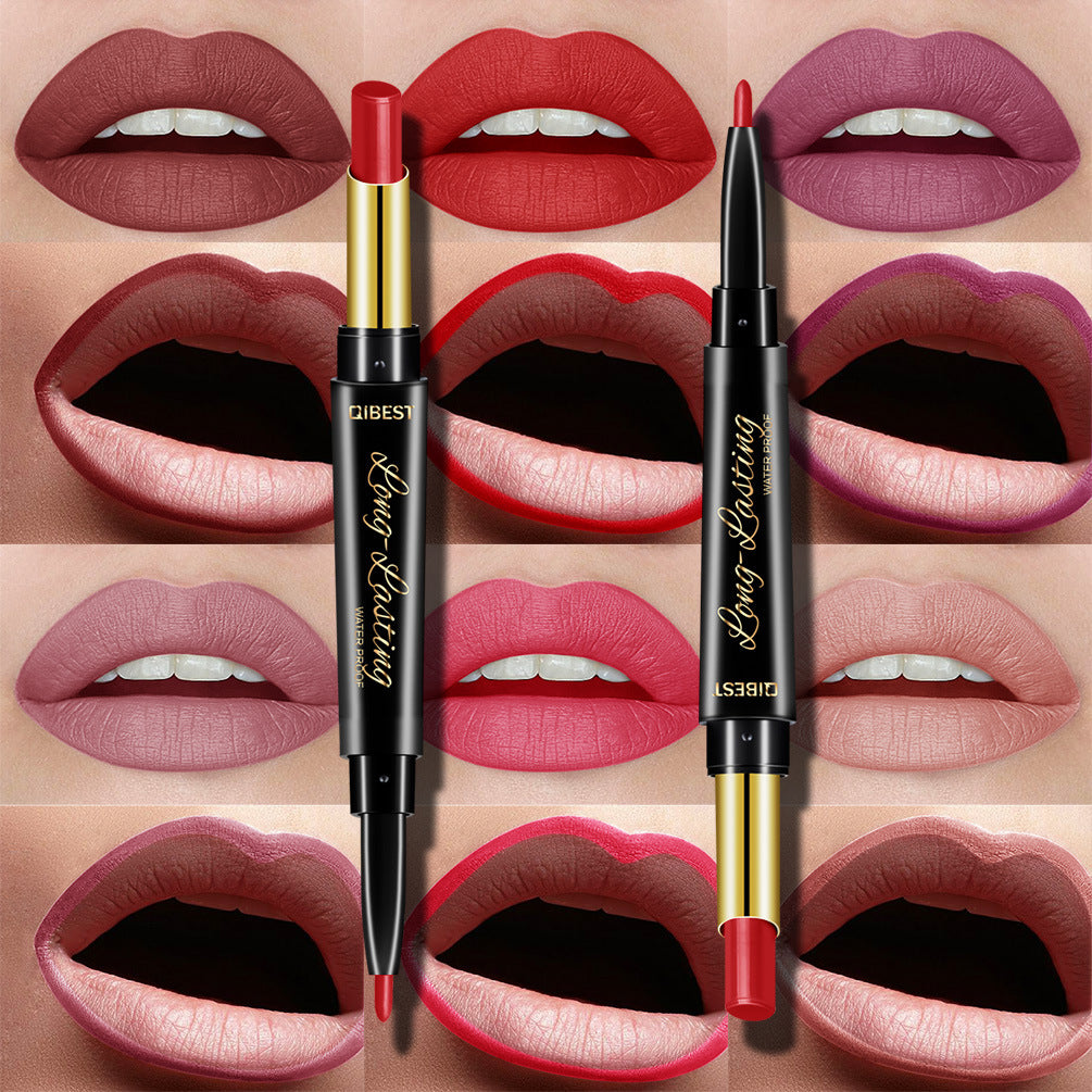 QIBEST Double-Ended Lipstick Pen showcasing vibrant colors and a sleek design, perfect for moisturizing matte lips.