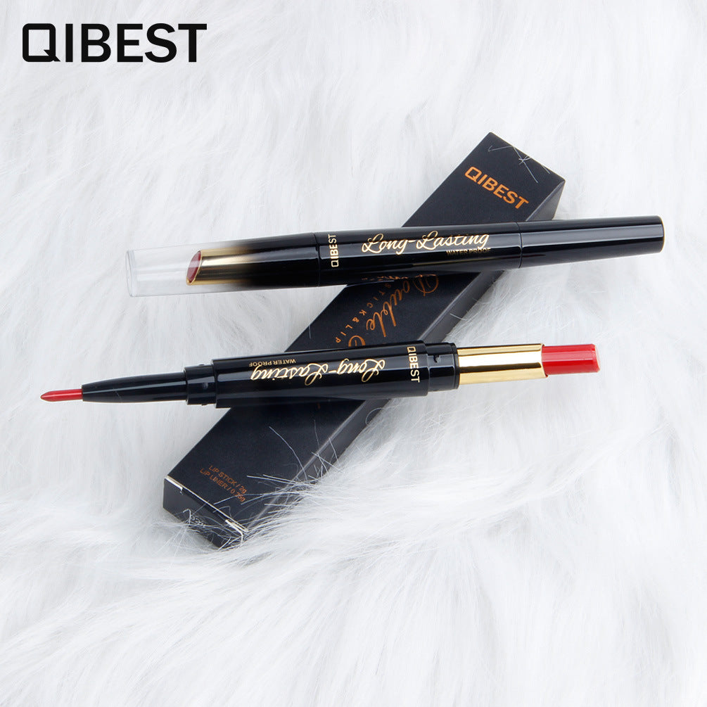 QIBEST Double-Ended Lipstick Pen showcasing vibrant colors and a sleek design, perfect for moisturizing matte lips.