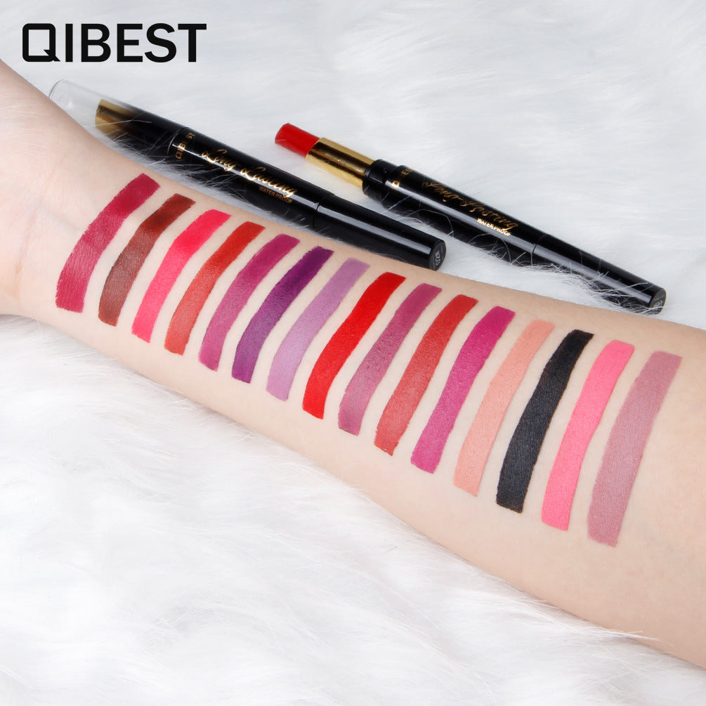 QIBEST Double-Ended Lipstick Pen showcasing vibrant colors and a sleek design, perfect for moisturizing matte lips.