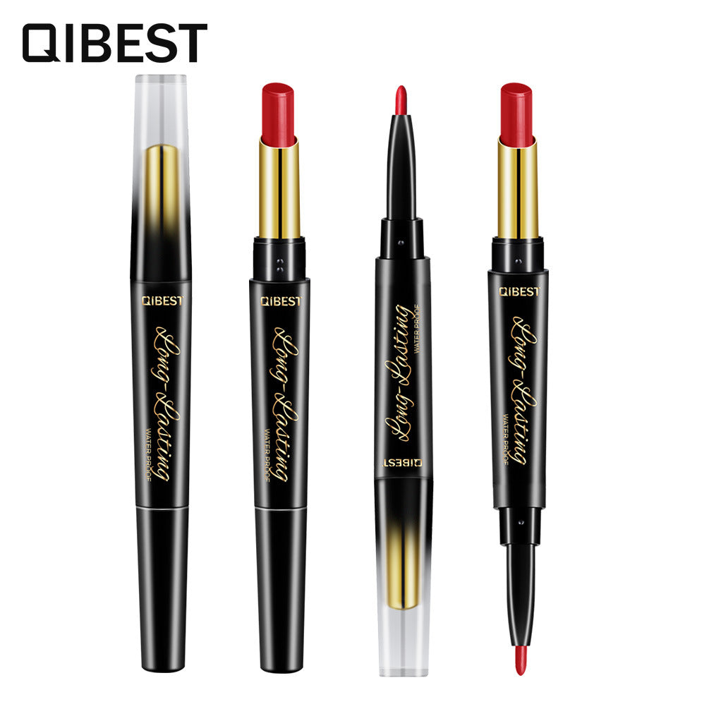 QIBEST Double-Ended Lipstick Pen showcasing vibrant colors and a sleek design, perfect for moisturizing matte lips.