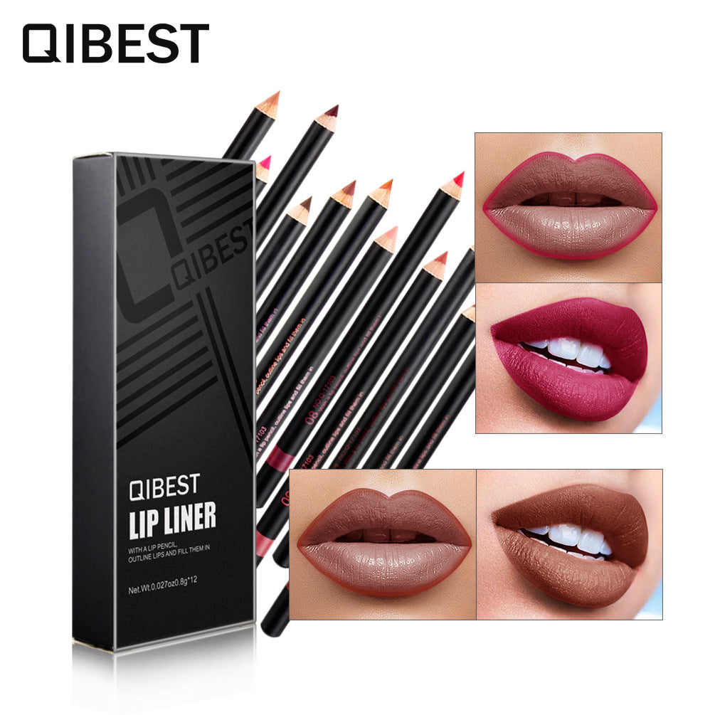 QIBEST Fashion Black Rod Lip Liner Set featuring 12 vibrant colors in a sleek design, perfect for defining lips.