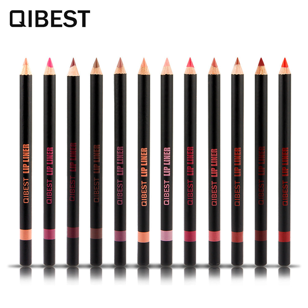 QIBEST Fashion Black Rod Lip Liner Set featuring 12 vibrant colors in a sleek design, perfect for defining lips.