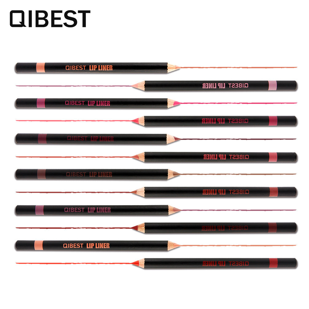 QIBEST Fashion Black Rod Lip Liner Set featuring 12 vibrant colors in a sleek design, perfect for defining lips.