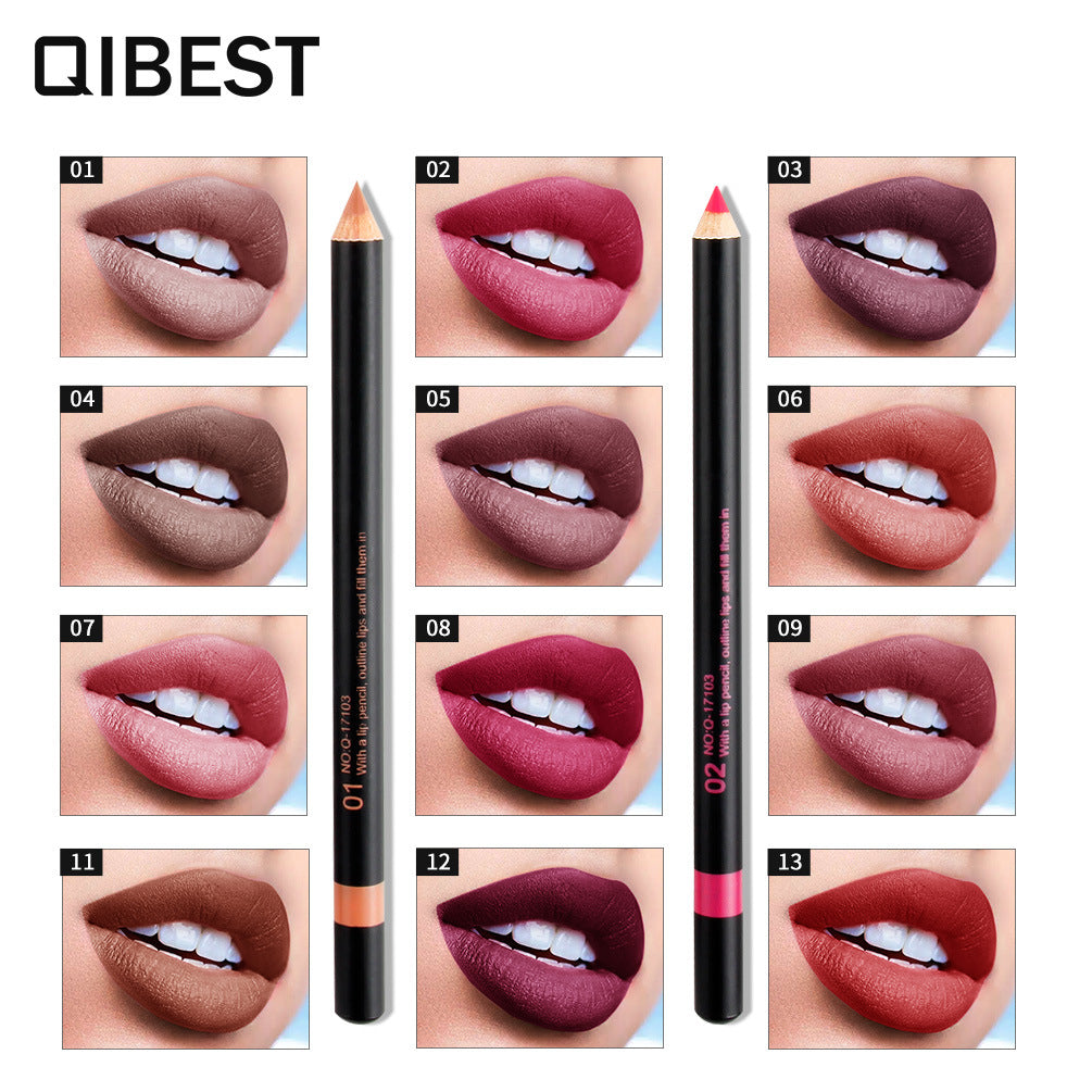 QIBEST Fashion Black Rod Lip Liner Set featuring 12 vibrant colors in a sleek design, perfect for defining lips.