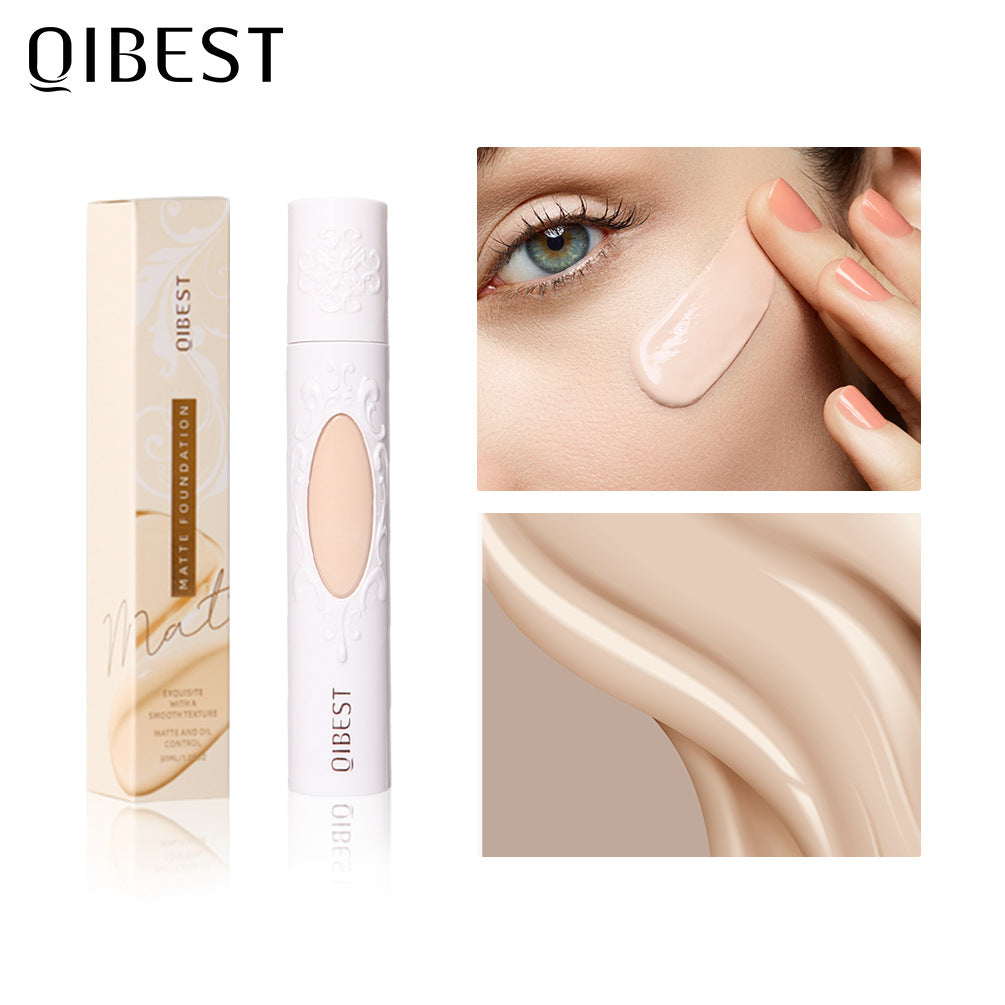 QIBEST Liquid Foundation in a sleek bottle, showcasing its moisturizing and long-lasting formula for flawless makeup application.