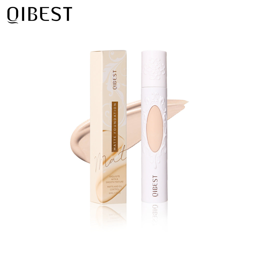 QIBEST Liquid Foundation in a sleek bottle, showcasing its moisturizing and long-lasting formula for flawless makeup application.