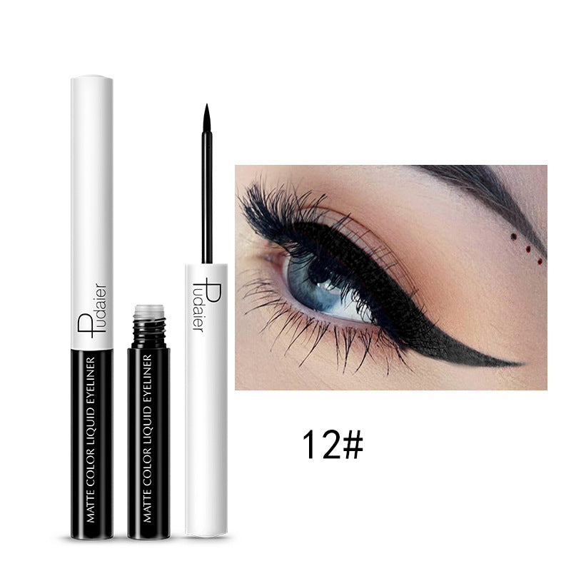 A sleek bottle of quick-drying waterproof liquid eyeliner with a precision tip, showcasing its elegant design and functionality.