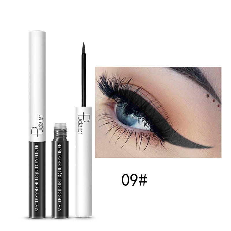 A sleek bottle of quick-drying waterproof liquid eyeliner with a precision tip, showcasing its elegant design and functionality.