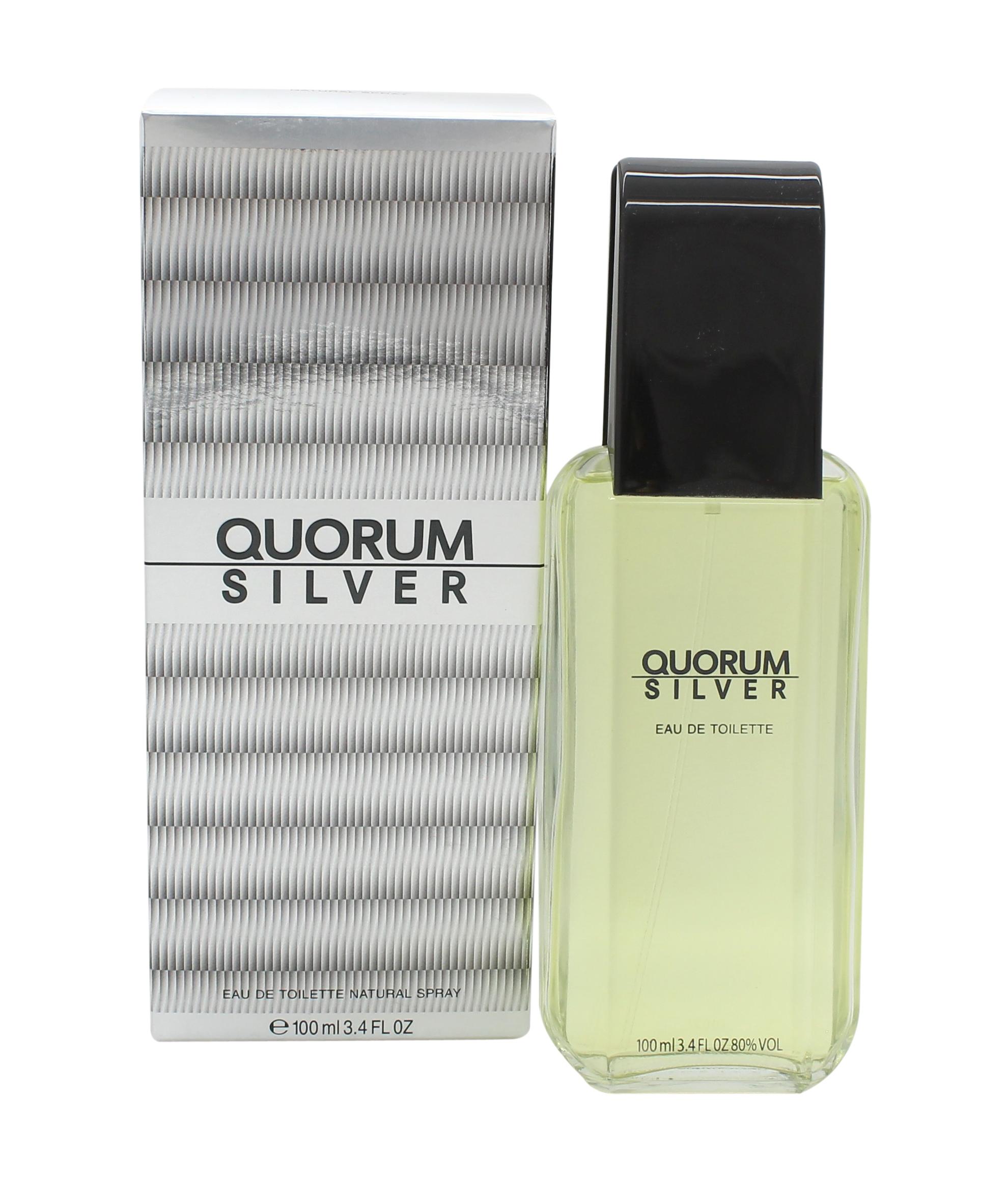 Quorum Silver Eau de Toilette bottle showcasing its sleek design and luxurious fragrance.