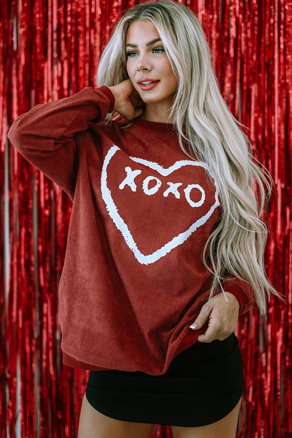 Racing Red XOXO Heart Shape Graphic Corded Sweatshirt featuring a vibrant red color and heart graphic design.