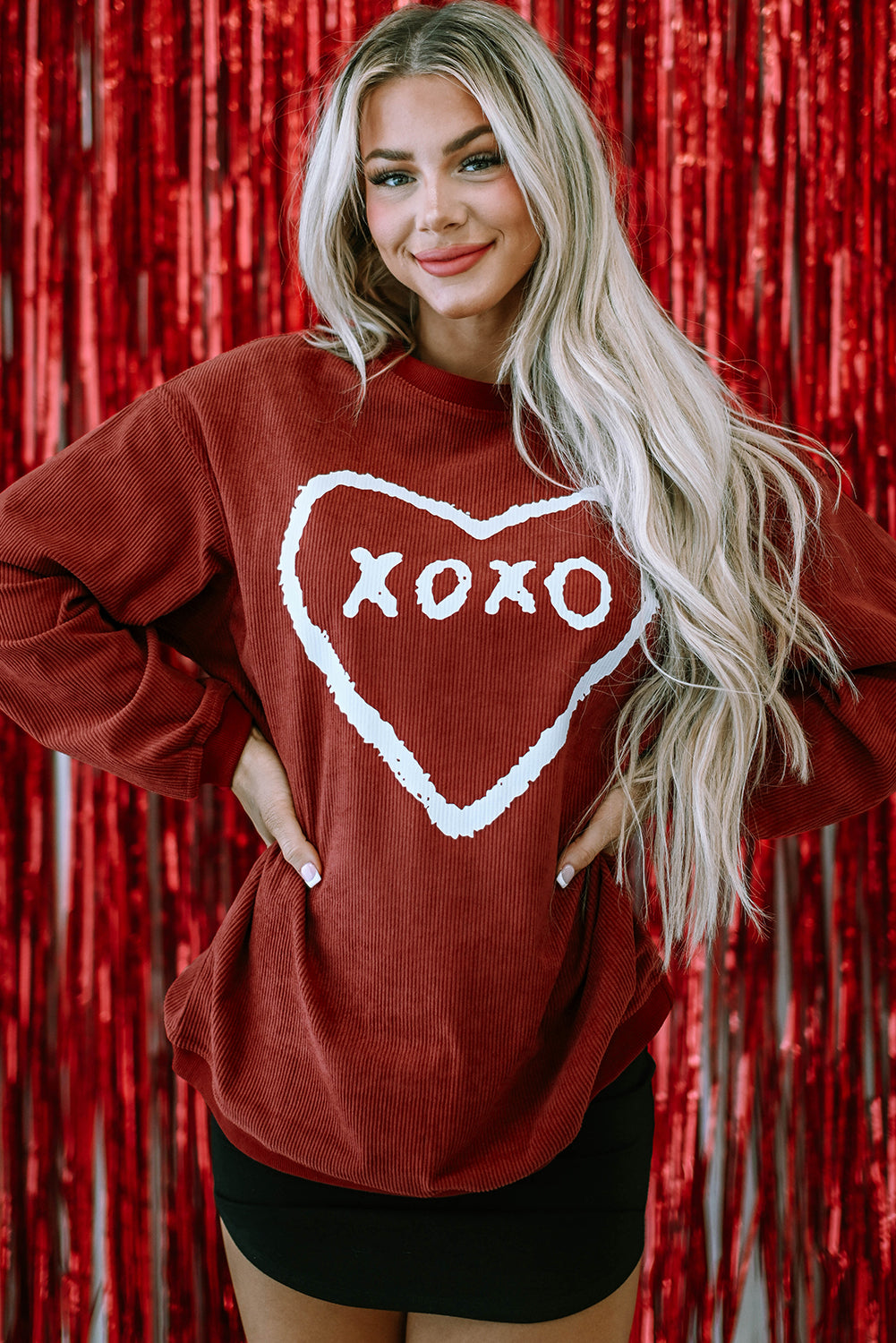 Racing Red XOXO Heart Shape Graphic Corded Sweatshirt featuring a vibrant red color and heart graphic design.