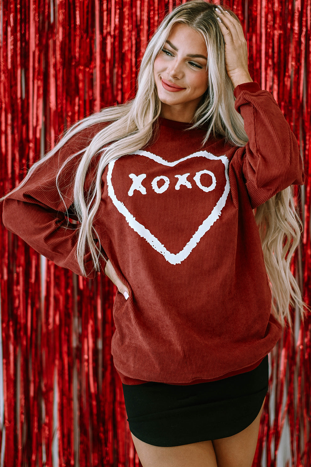 Racing Red XOXO Heart Shape Graphic Corded Sweatshirt featuring a vibrant red color and heart graphic design.