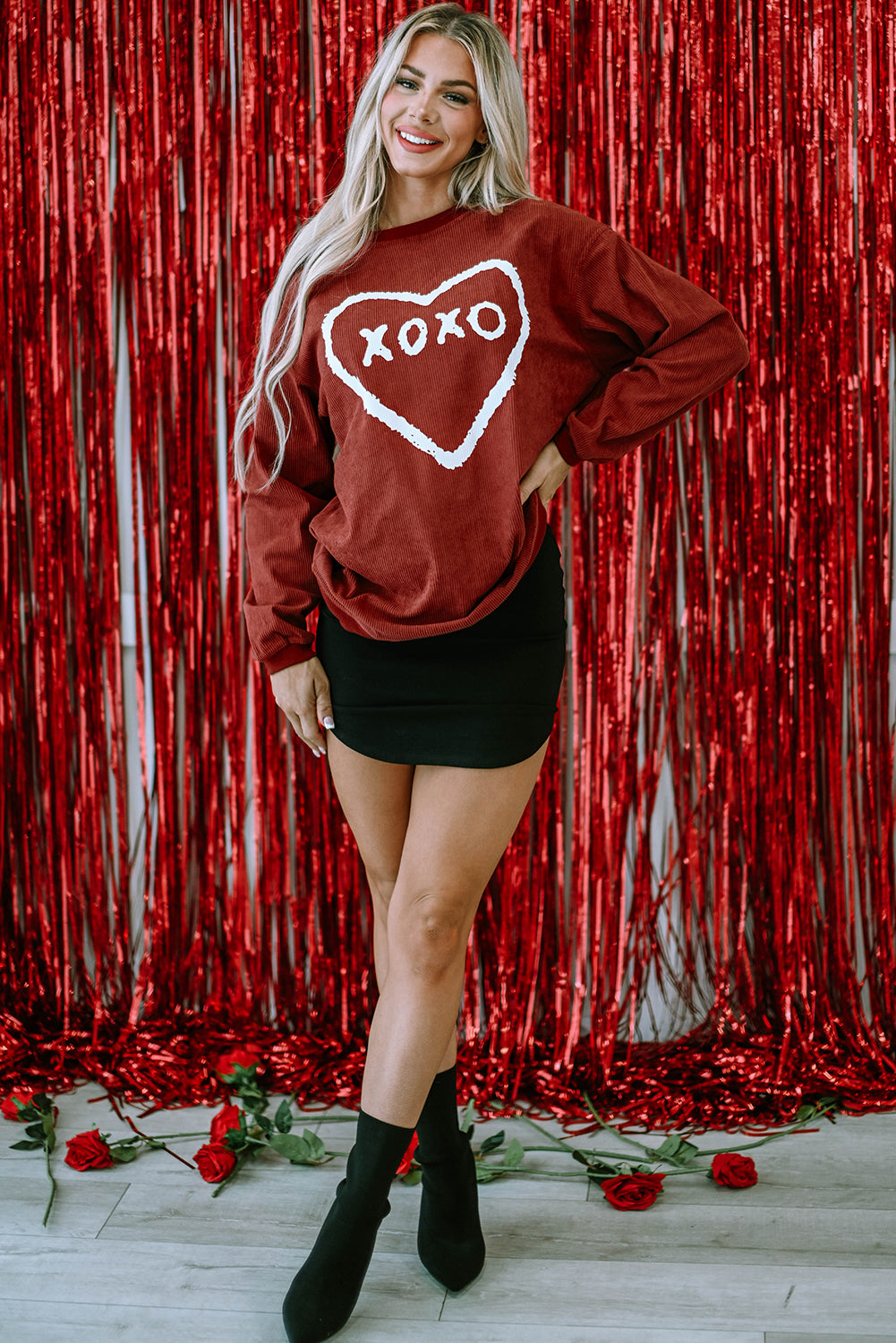 Racing Red XOXO Heart Shape Graphic Corded Sweatshirt featuring a vibrant red color and heart graphic design.