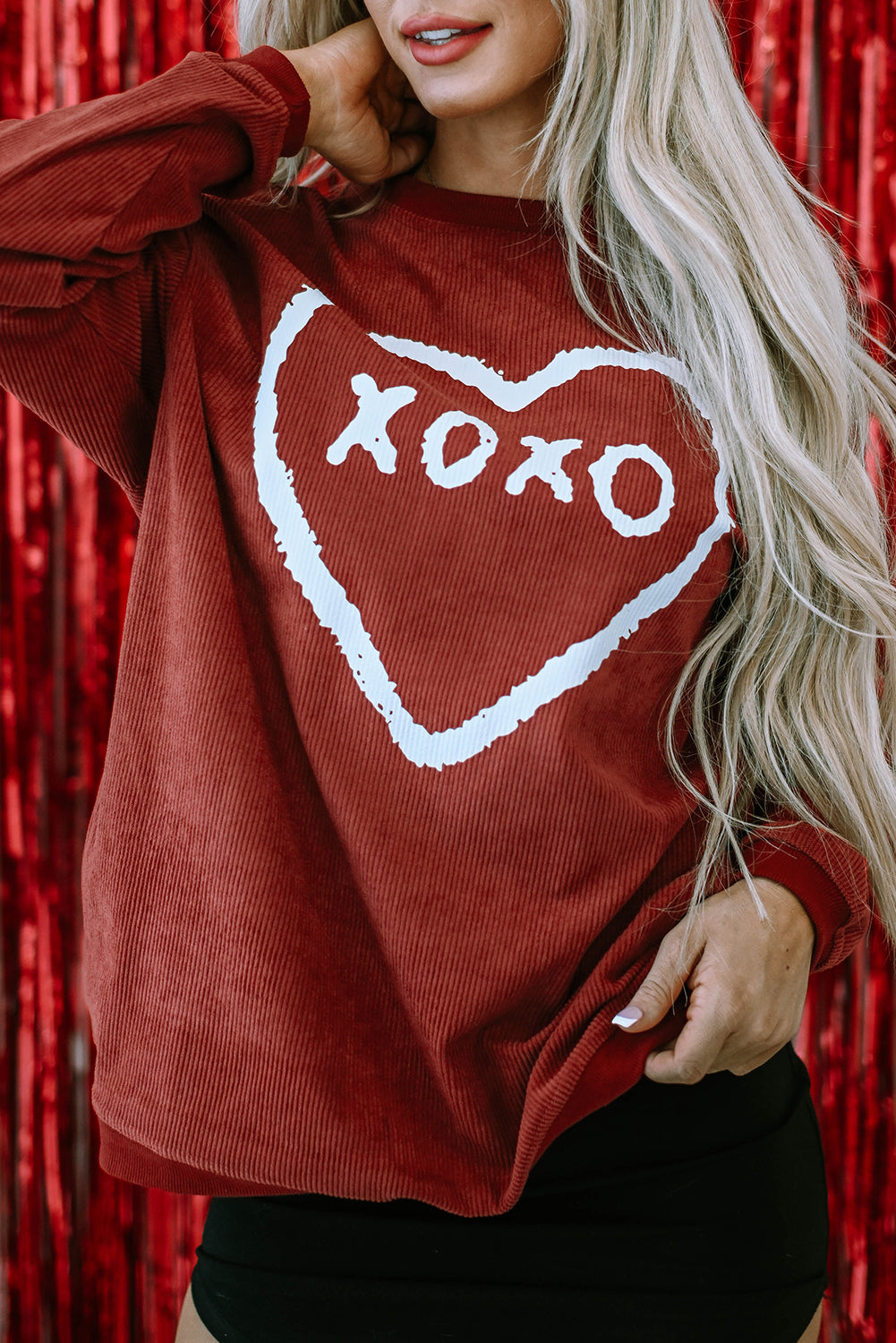 Racing Red XOXO Heart Shape Graphic Corded Sweatshirt featuring a vibrant red color and heart graphic design.