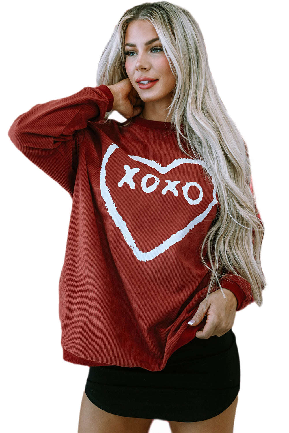 Racing Red XOXO Heart Shape Graphic Corded Sweatshirt featuring a vibrant red color and heart graphic design.