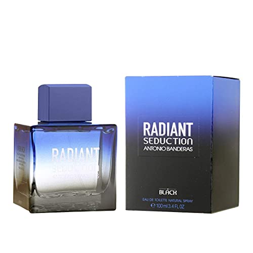 Radiant Seduction in Black Eau de Toilette by Antonio Banderas in an elegant black bottle, showcasing its sophisticated design.