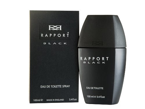 A sleek black bottle of Rapport Black Eau de Toilette with elegant design, showcasing its luxurious fragrance.