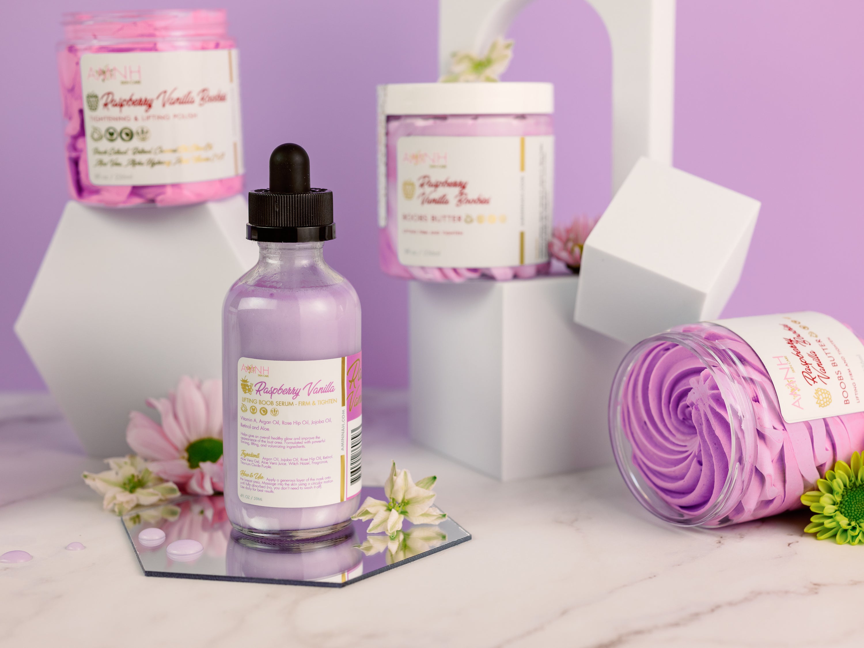 Skincare products with floral accents.