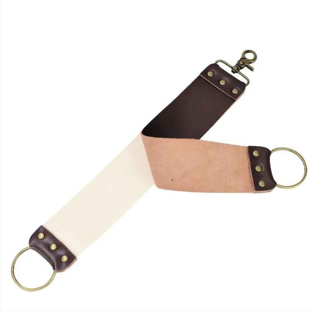 A high-quality Razor Strop featuring vegan leather and canvas straps for sharpening straight razors.