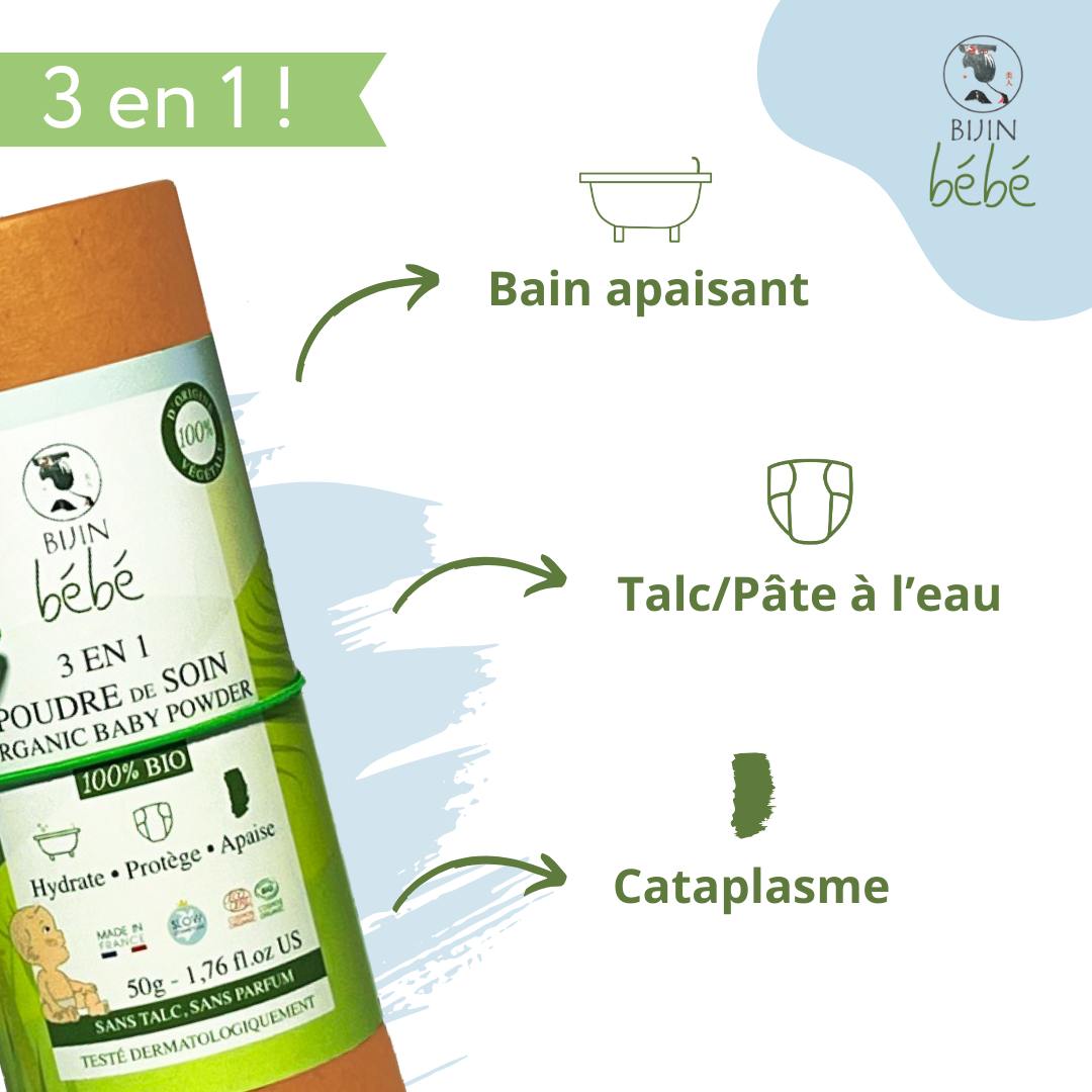 Recharge de poudre de soin BIO 3 en 1 pour bébé, emballage écologique, poudre douce pour la peau délicate des enfants.