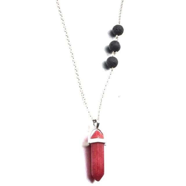 A beautiful Red Agate Crystal lava stone necklace featuring porous lava stones for essential oil absorption.