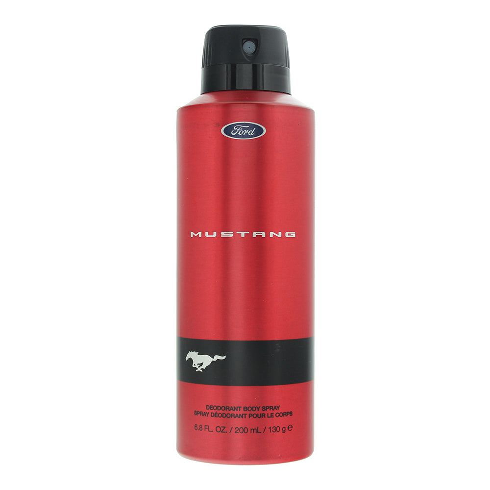 A sleek bottle of Mustang Red Body Spray with a vibrant red design, showcasing its refreshing scent.