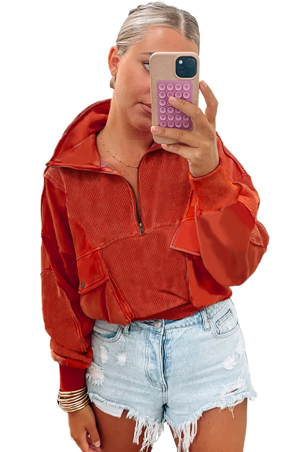 Red Dahlia Mineral Wash Zip Up Sweatshirt featuring a collared neck, zipper front, and dual pockets in a stylish chunky fit.