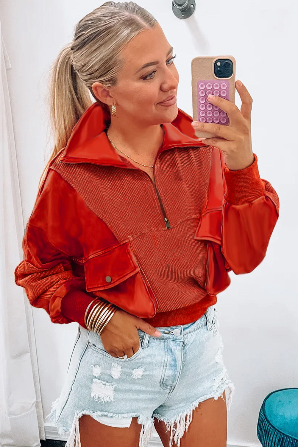 Red Dahlia Mineral Wash Zip Up Sweatshirt featuring a collared neck, zipper front, and dual pockets in a stylish chunky fit.