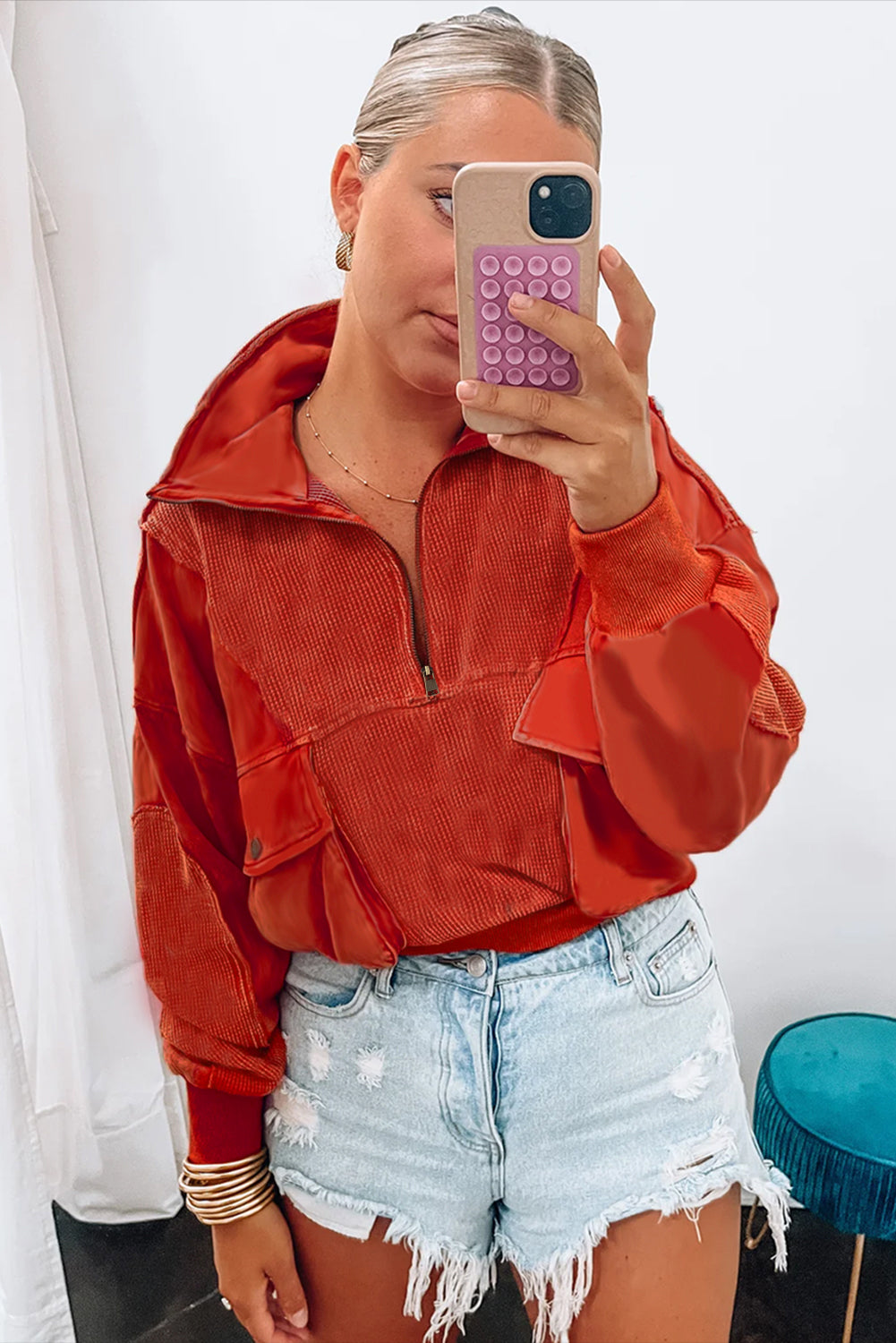 Red Dahlia Mineral Wash Zip Up Sweatshirt featuring a collared neck, zipper front, and dual pockets in a stylish chunky fit.