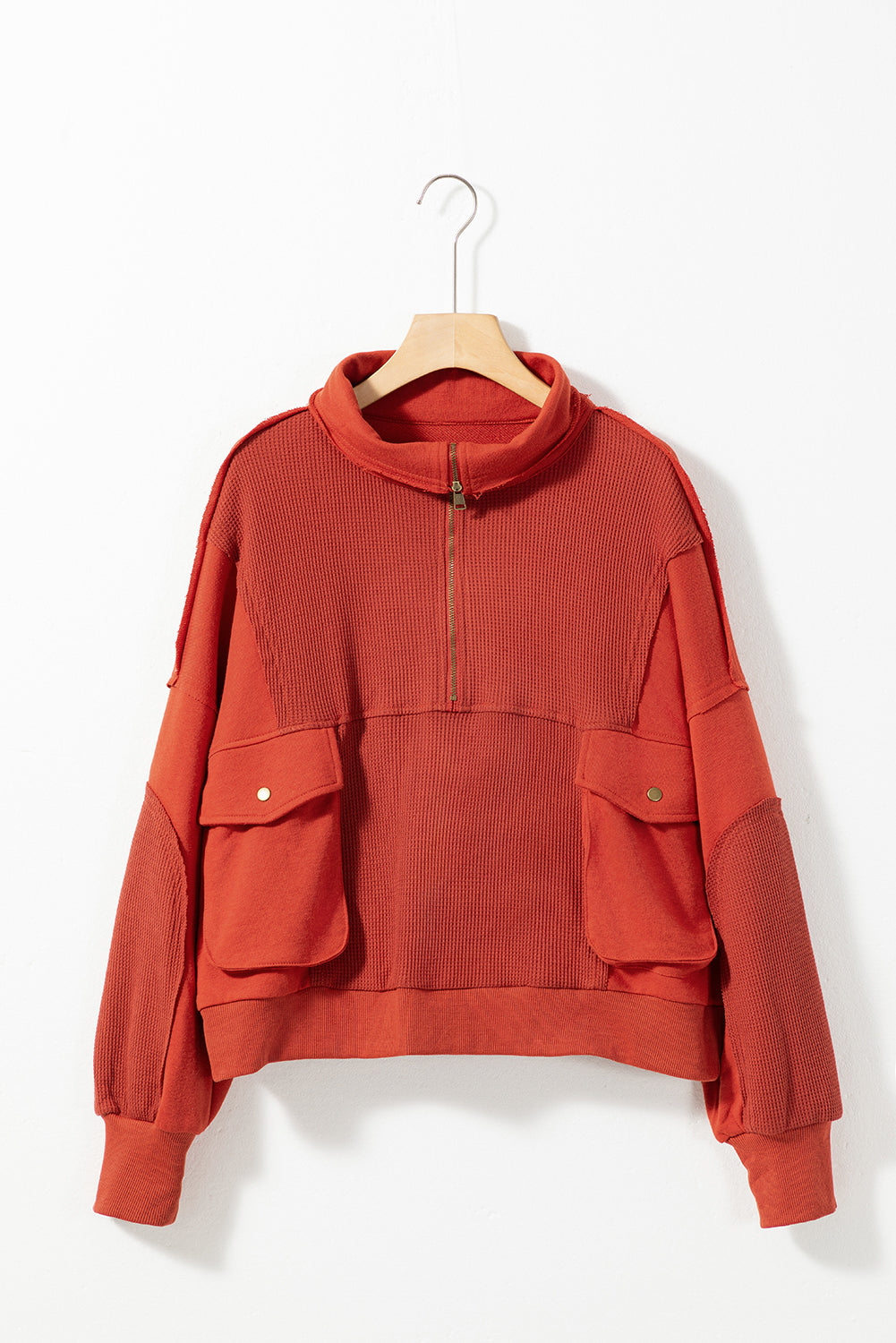 Red Dahlia Mineral Wash Zip Up Sweatshirt featuring a collared neck, zipper front, and dual pockets in a stylish chunky fit.