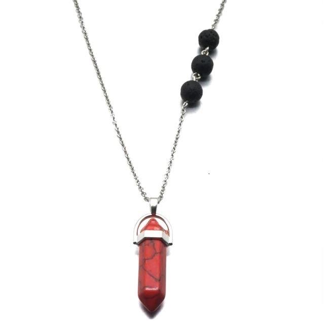 Red Jasper Crystal Lava Stone Necklace featuring vibrant red jasper beads and black lava stones, ideal for essential oil diffusion.